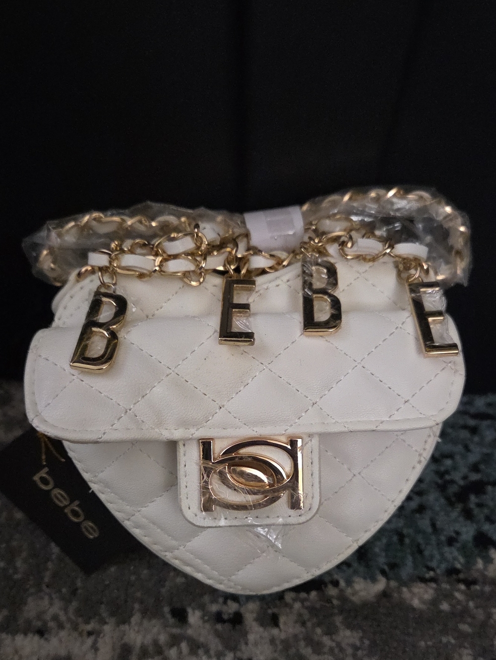 bebe White Quilted Mini Heart Crossbody with Gold Letter Charm